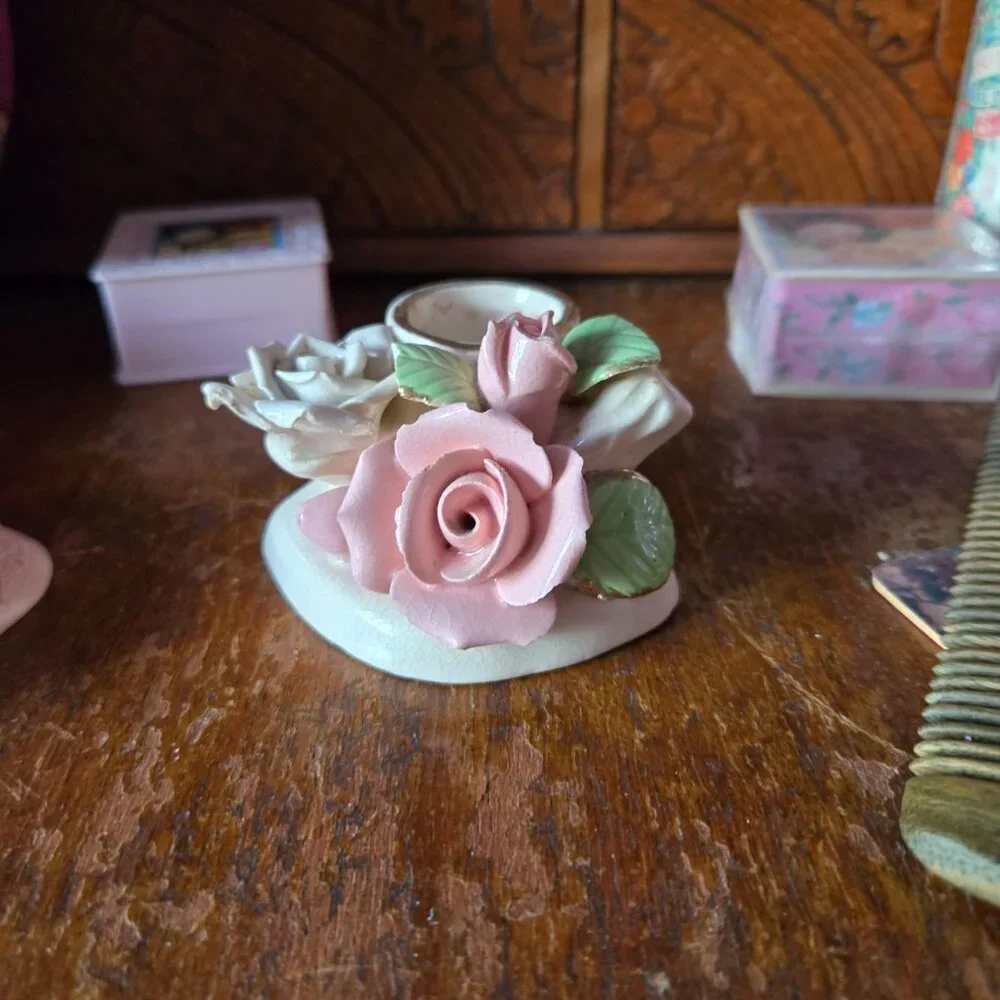 Vintage Porcelain Rose Candlestick Holder Cottagecore Romantic Victorian Style
